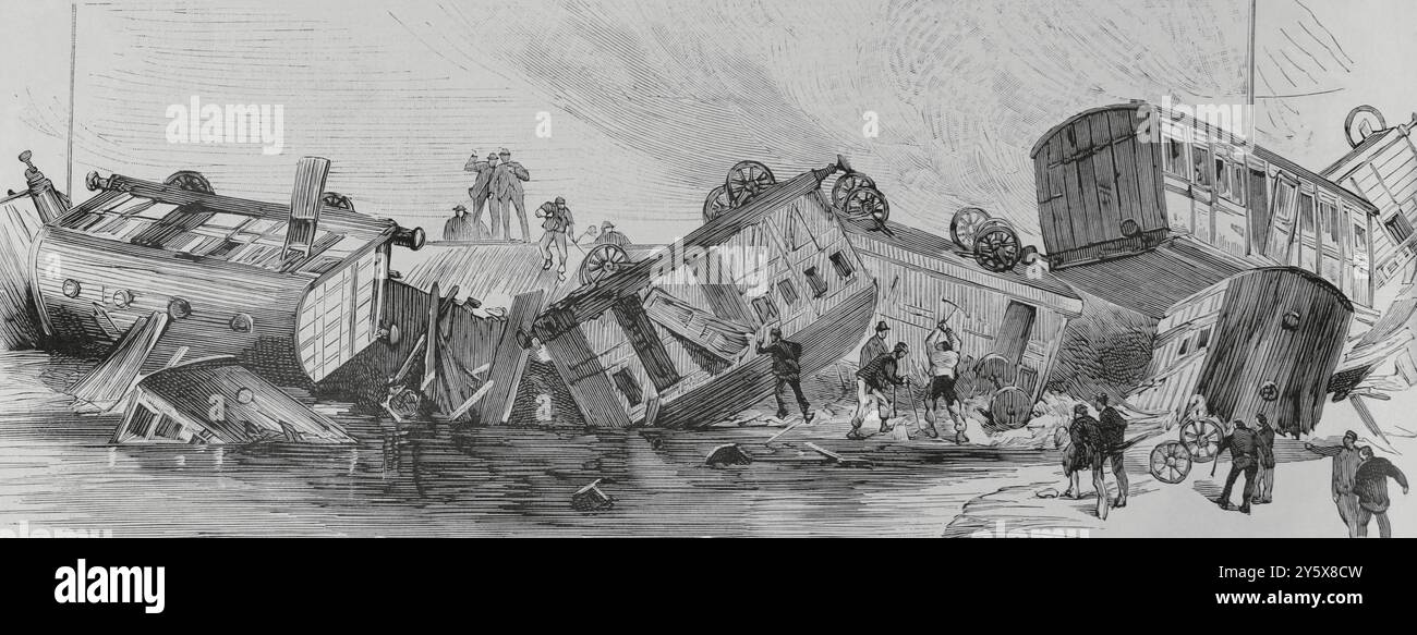 Inghilterra. Incidente ferroviario subito da uno dei treni "Salisbury and Dorset Junction Railway" che copriva il percorso tra Salisbury-Weymouth, alle 16:30 del 3 giugno 1884. Il treno deragliò a sud di Downton nel Wiltshire, a 13 miglia da Salisbury. Quarantuno persone sono rimaste ferite e quattro sono morte. Tre di loro sono annegati quando una carrozza si è rovesciata in un fosso di drenaggio. Incisione. La Ilustración Española y americana (The Spanish and American Illustration), 22 giugno 1884. Foto Stock