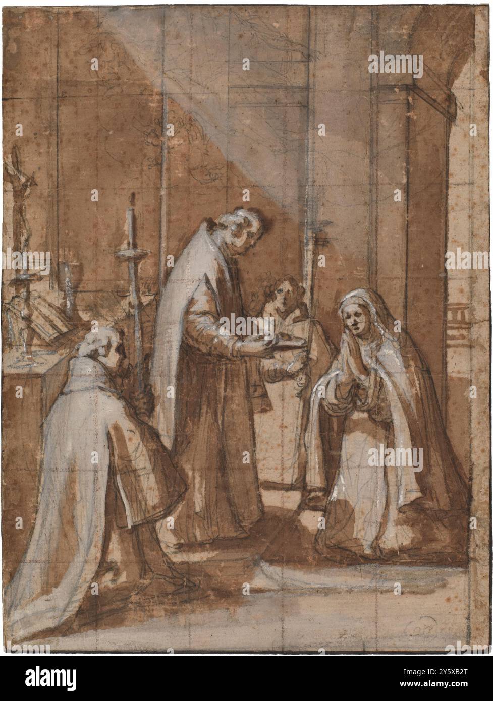 Vicente Carducho / "San Pietro di Alcántara che dona la Comunione a Santa Teresa di Gesù". 1620 - 1630. Lavaggio marrone-grigio, piombo bianco, matita, matita macinata, squadrata su carta posata. Museo: Museo del Prado, Madrid, España. Foto Stock