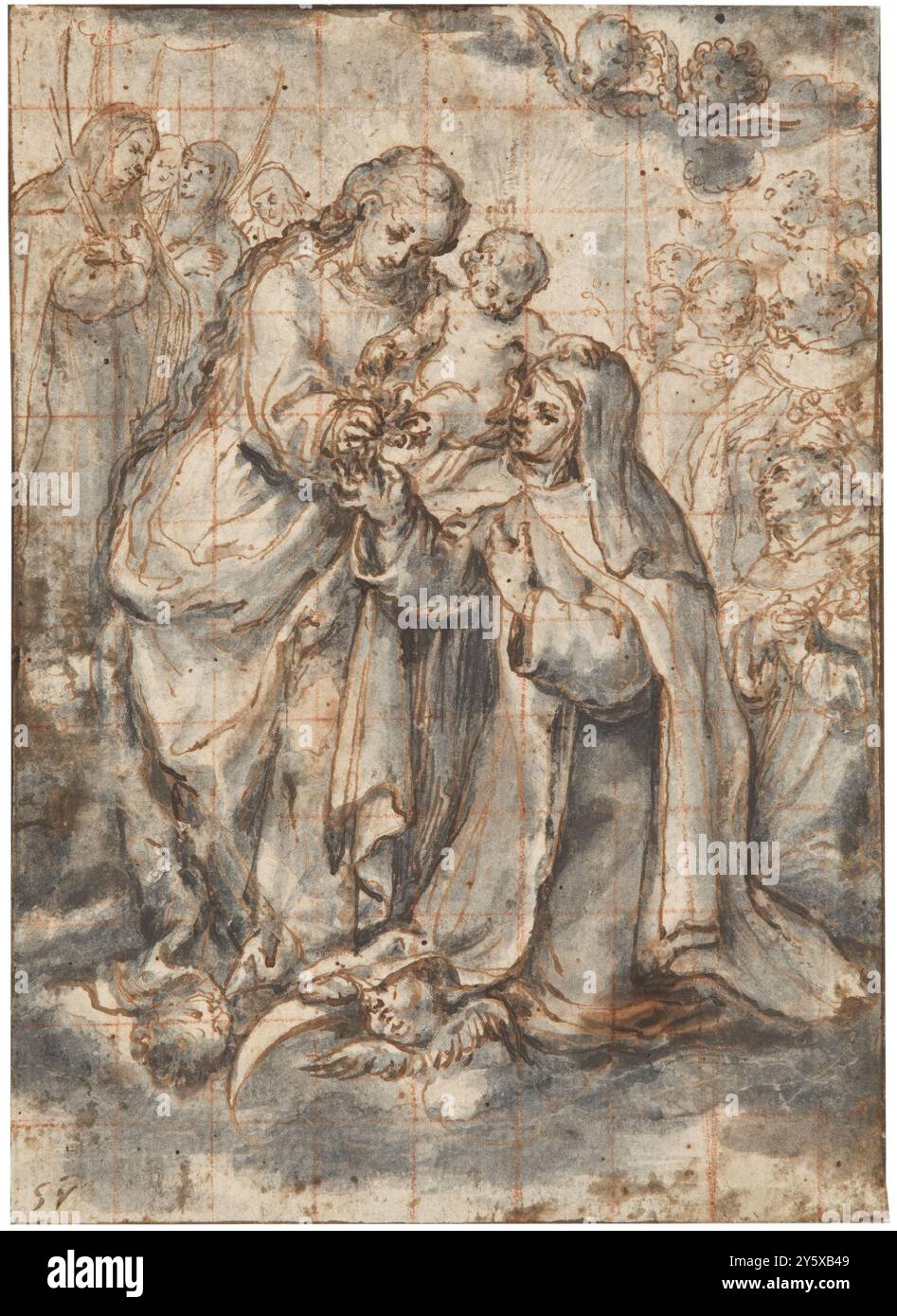 Francisco Camilo / "la Vergine col bambino, Santa Teresa di Gesù e altri Santi". Circa 1660. Lavaggio marrone-grigio, matita, gesso rosso su carta posata. Museo: Museo del Prado, Madrid, España. Foto Stock