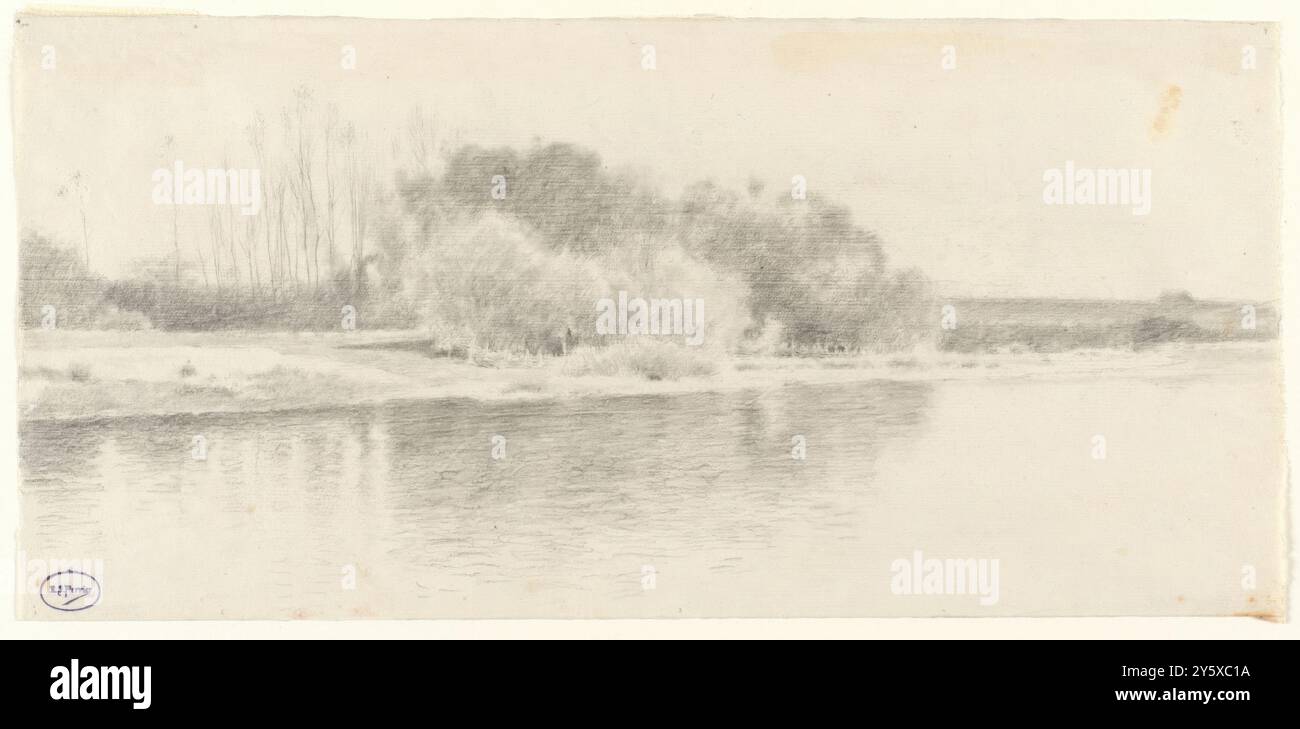 Emilio Sánchez Perrier (Drafstman) / "Riverbank a Pontoise (?), Île-de-France". 1895 - 1900. Carboncino, pastello Conté su carta tessuta. Museo: Museo del Prado, Madrid, España. Foto Stock