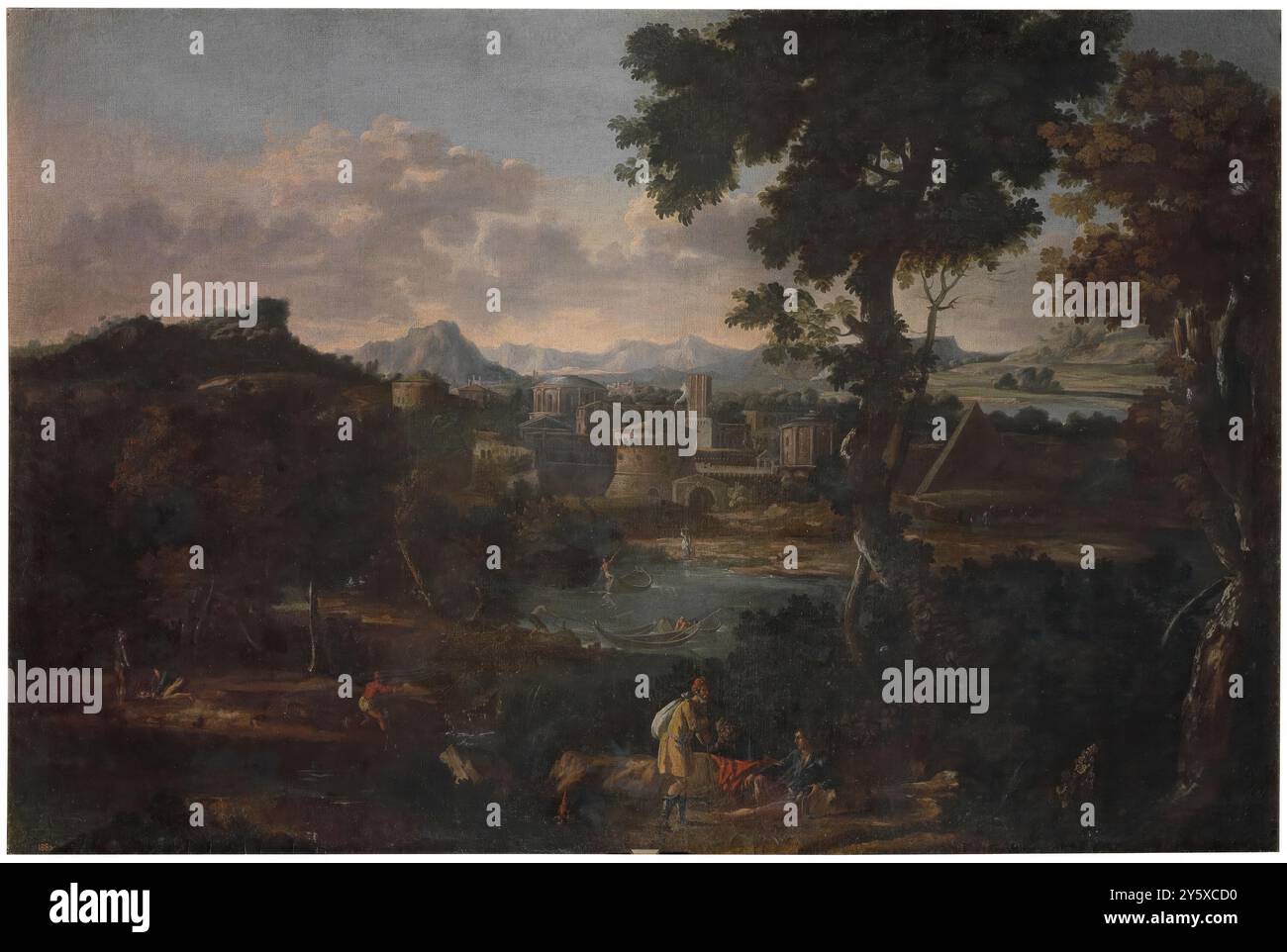 Giovanni Francesco Grimaldi / "paesaggio con fiume e città". XVII secolo. Olio su tela. Museo: Museo del Prado, Madrid, España. Foto Stock