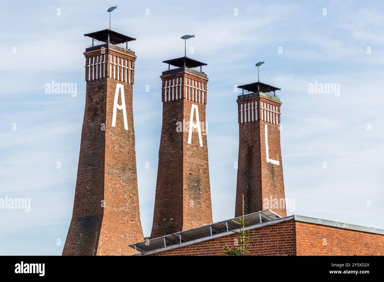 Le tre torri della casa di affumicatura di pesce Föh con la scritta AAL sono il punto di riferimento di Kappeln. La famiglia Föh gestisce un affumicatoio di pesce sullo Schlei dal 1911. L'affumicatoio di pesce di Föh con le sue tre torri è un punto di riferimento di KappelnKirchstraße, Kappeln, Schleswig-Holstein, Germania Foto Stock