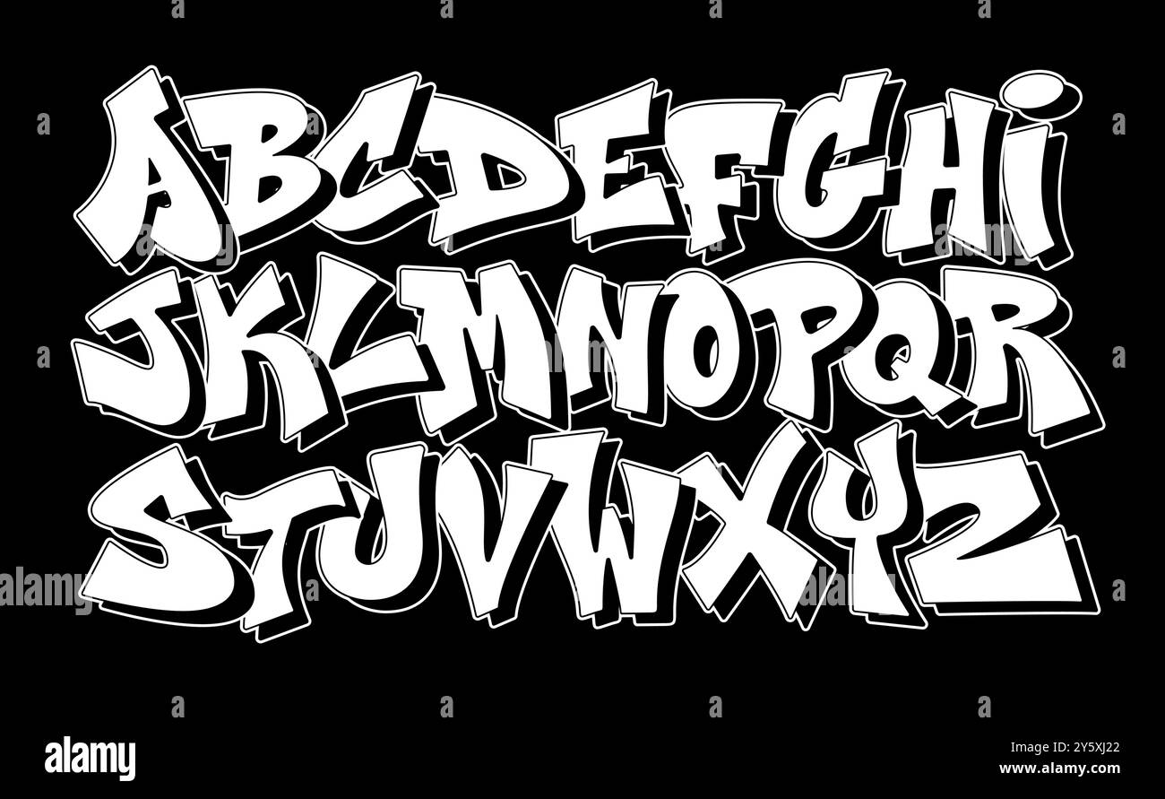 Carattere Street art. Alfabeto dei graffiti urbani, tipografia moderna e audace disegnata a mano, lettere maiuscole delineate con ombra 3D per la cultura di strada hip hop Illustrazione Vettoriale