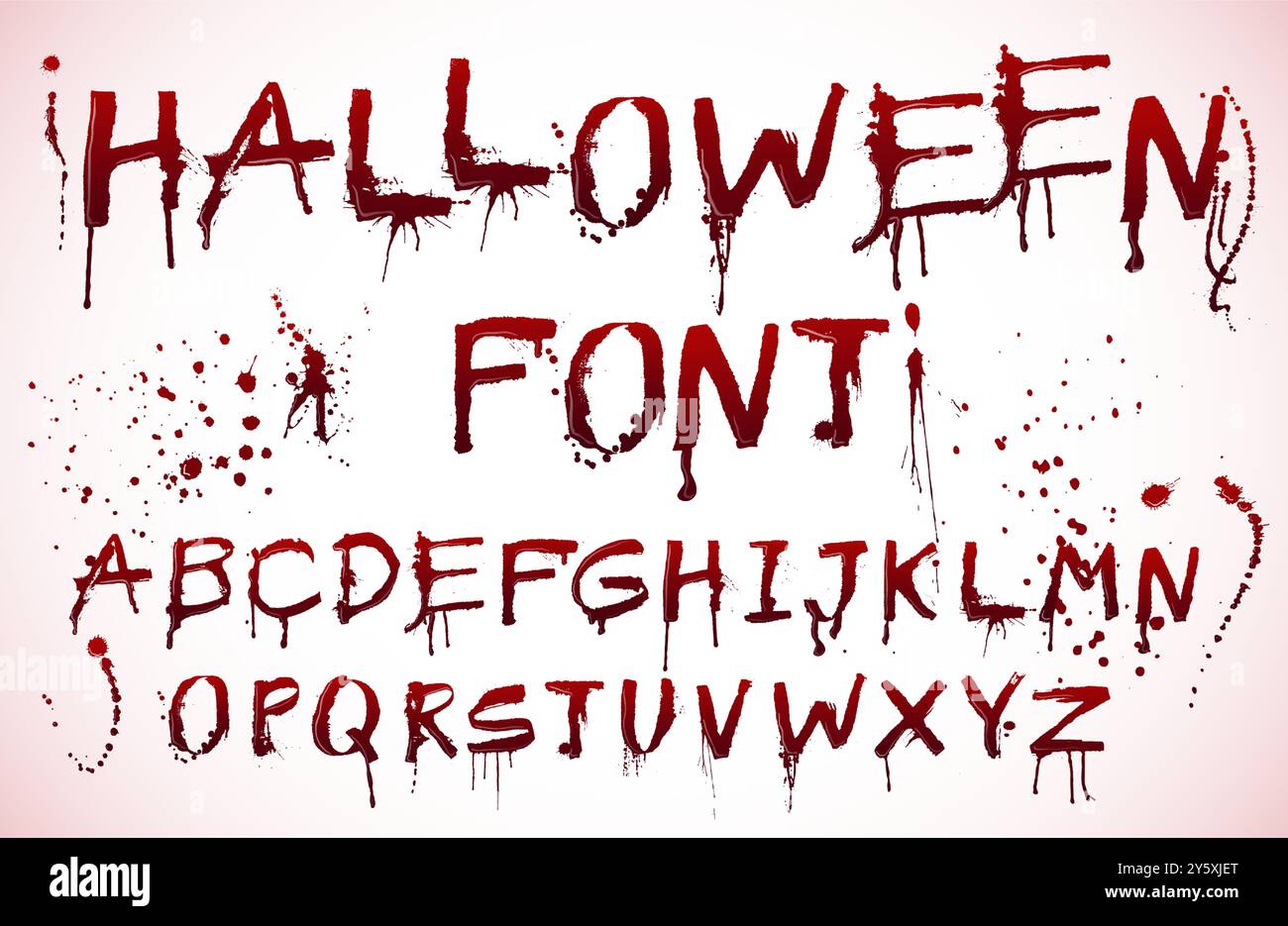 Font sangue di Halloween. Alfabeto spaventoso, testo sanguinoso con macchie e gocce raccapriccianti. Lettere grunge colapen a tema horror Illustrazione Vettoriale