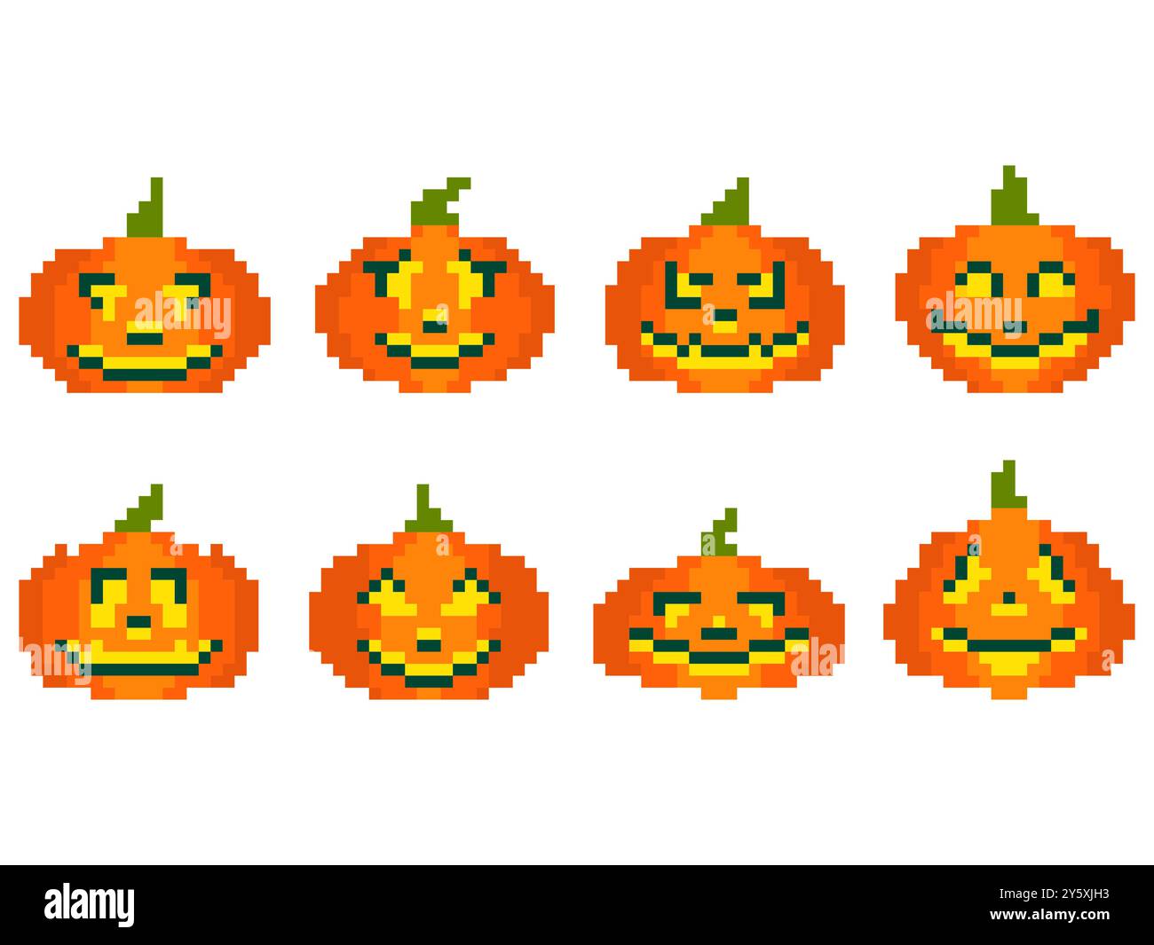 Icone di zucca di Halloween in stile pixel art. zucche con pixel grafico retrò a 8 bit con volti spaventosi intagliati. Design Jack-o-lantern per applicazioni, banner, a. Illustrazione Vettoriale