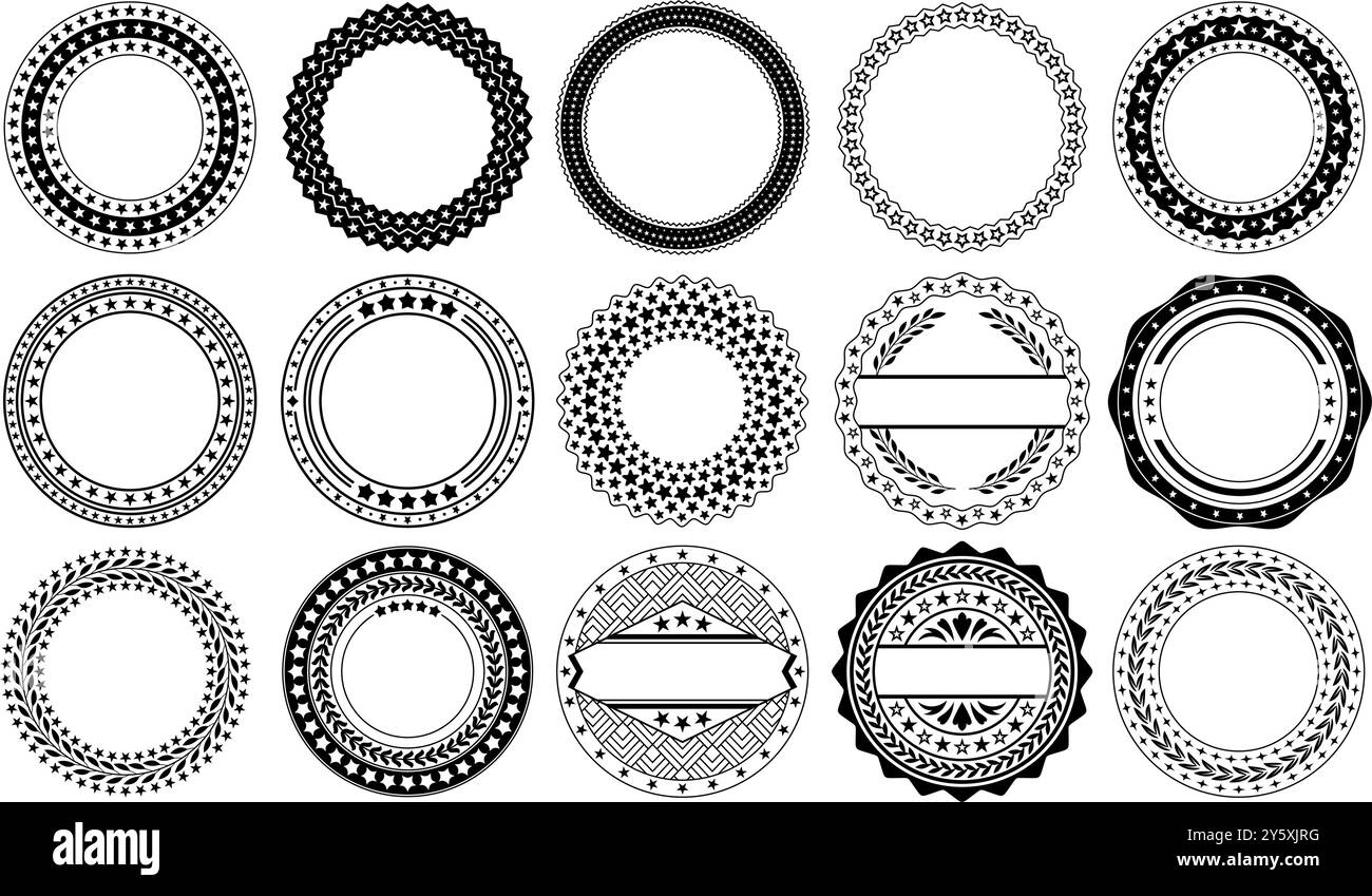 Badge cerchio a stella. Modelli di emblema con motivi a stelle circolari e corone d'alloro. Montature stellate con timbri sigillati, distintivi premium e rotondi vintage Illustrazione Vettoriale