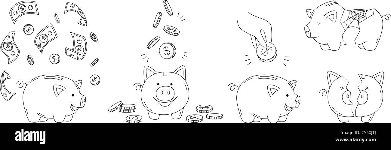 Doodle salvadanaio. Risparmio o accumulo di denaro, risparmio di maiale con banconote e monete in calo. Banche di maialini felici, ricchi e tristi e rotte, disegnate a mano Illustrazione Vettoriale