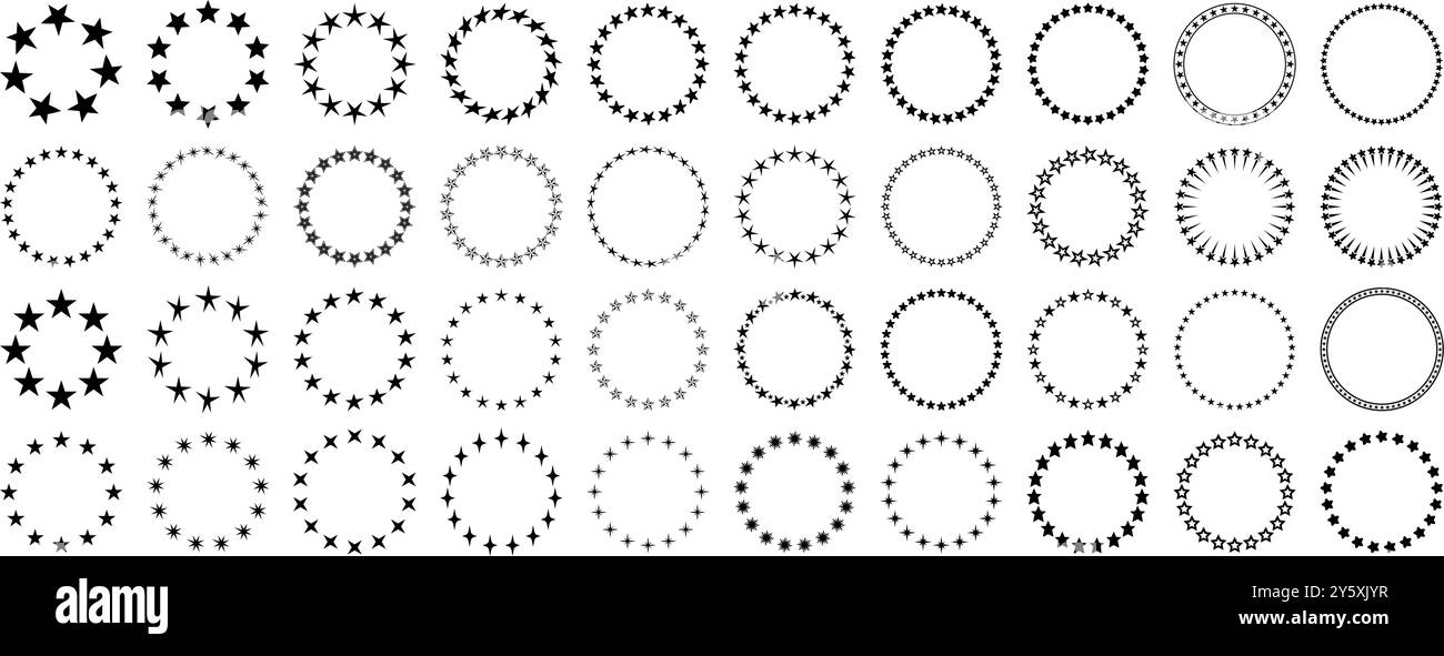 Stelle circolari. Bordo del cerchio stellato, motivo radiale a stella per il design di emblemi, etichette o badge. Telaio rotondo decorativo di alta qualità con elementi scintillanti Illustrazione Vettoriale