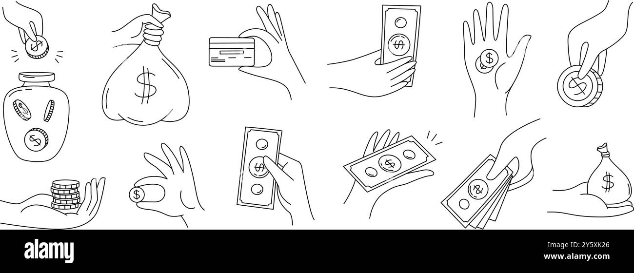 Doodle mano con i soldi. Mani disegnate a mano che tengono monete, banconote in contanti, borsa dei soldi e carta di credito. Risparmi finanziari, donazioni e flussi di cassa Illustrazione Vettoriale