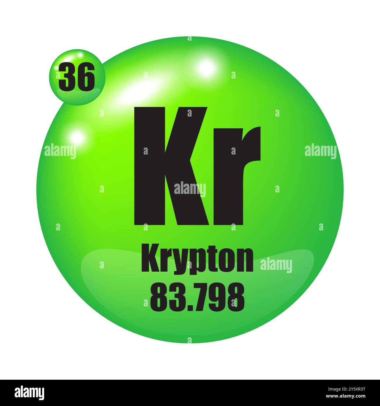 Icona Krypton. Elemento chimico KR. Numero atomico 36. Massa 83.798. Sfera verde. Illustrazione Vettoriale