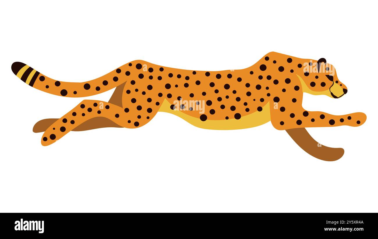 Ghepardo da running o leopardo in stile cartoni animati. Illustrazione vettoriale di animali africani predatori isolati su sfondo bianco. Illustrazione Vettoriale