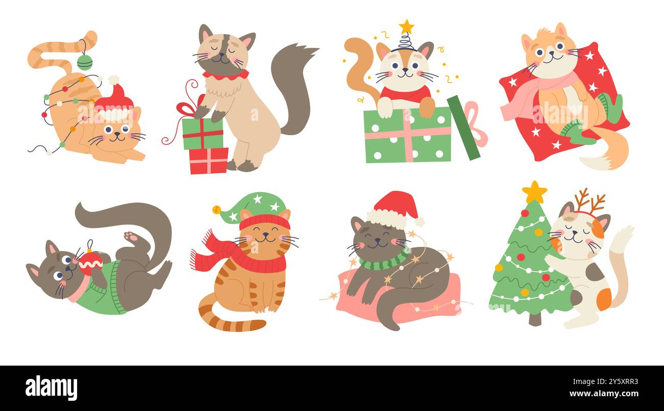 Set di gatti di Natale. Simpatici e divertenti personaggi felini per i disegni natalizi. Illustrazione vettoriale in stile piatto Illustrazione Vettoriale Set di gatti di Natale. Simpatici e divertenti personaggi felini per i disegni natalizi. Illustrazione vettoriale in stile piatto Illustrazione Vettoriale