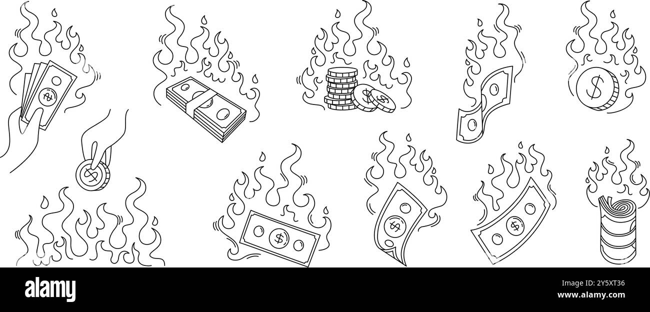 Bruciare soldi. Perdita di denaro contante, banconote in fiamme, banconote e monete in fiamme. Concetto di crisi finanziaria e perdita di denaro vettore disegnato a mano Illustrazione Vettoriale