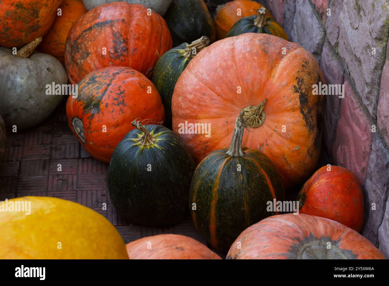 Un'immagine ravvicinata di una pila di zucche. Le zucche sono per lo più arancioni, con alcune verdi mescolate. Le zucche sono di dimensioni e forme diverse Foto Stock