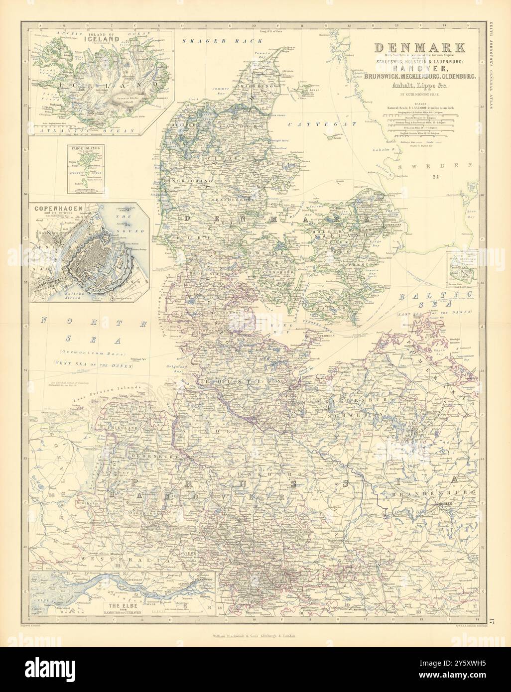Danimarca Germania settentrionale Islanda Copenaghen l'Elba. 50 x 60 cm. Cartina JOHNSTON 1876 Foto Stock