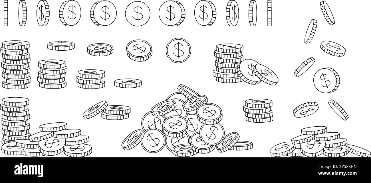 Monete di Doodle. Animazione della rotazione delle monete disegnata a mano, pile e pile di monete con il simbolo del dollaro. Risparmio di denaro, rimborso e vettore di investimento Illustrazione Vettoriale