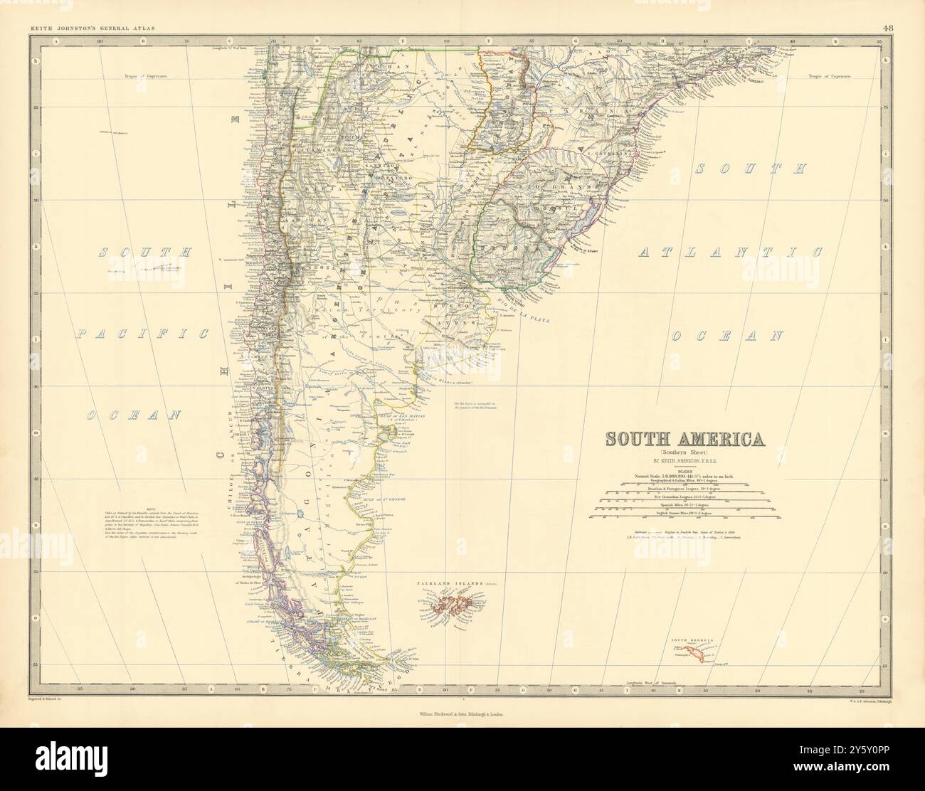 Sud America (Sud). Argentina Cile Uruguay. 50 x 60 cm. JOHNSTON 1876 vecchia mappa Foto Stock