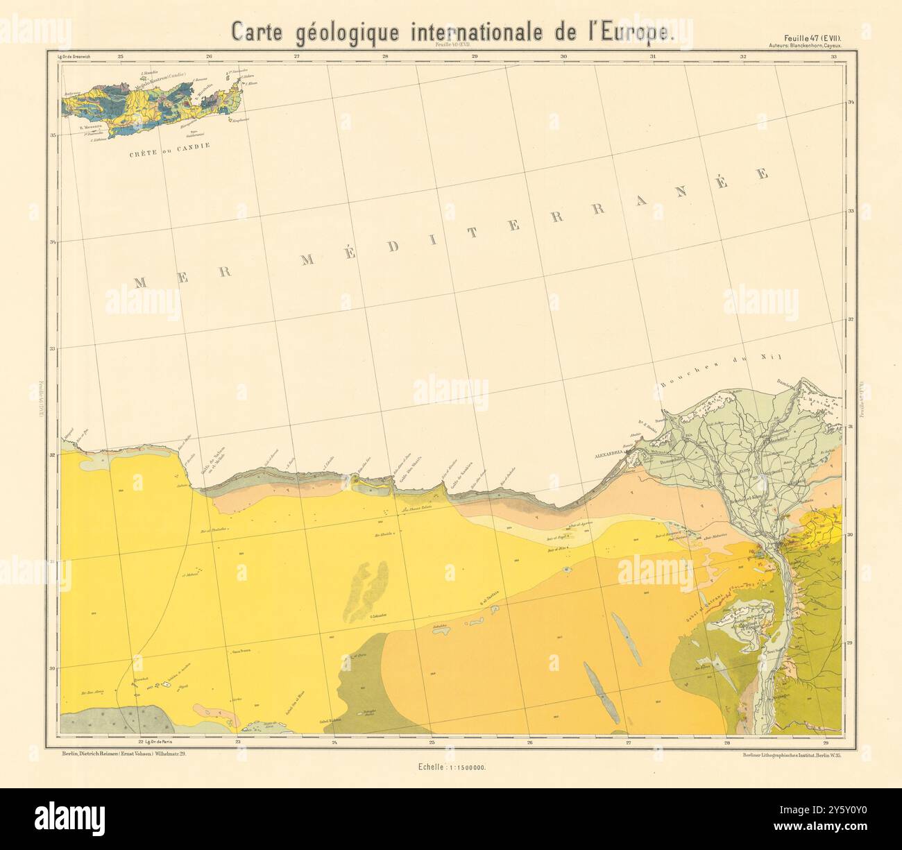 Mappa geologica Egitto costa mediterranea. Delta del Nilo. Creta. BEYSCHLAG 1911 Foto Stock
