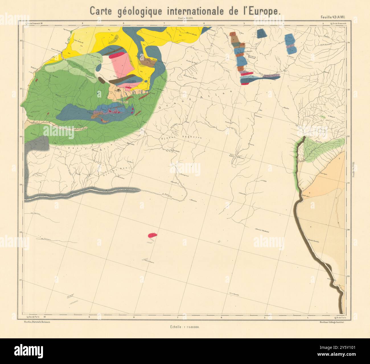 Mappa geologica del Marocco meridionale e dell'Algeria occidentale. Sahara. BEYSCHLAG 1905 Foto Stock