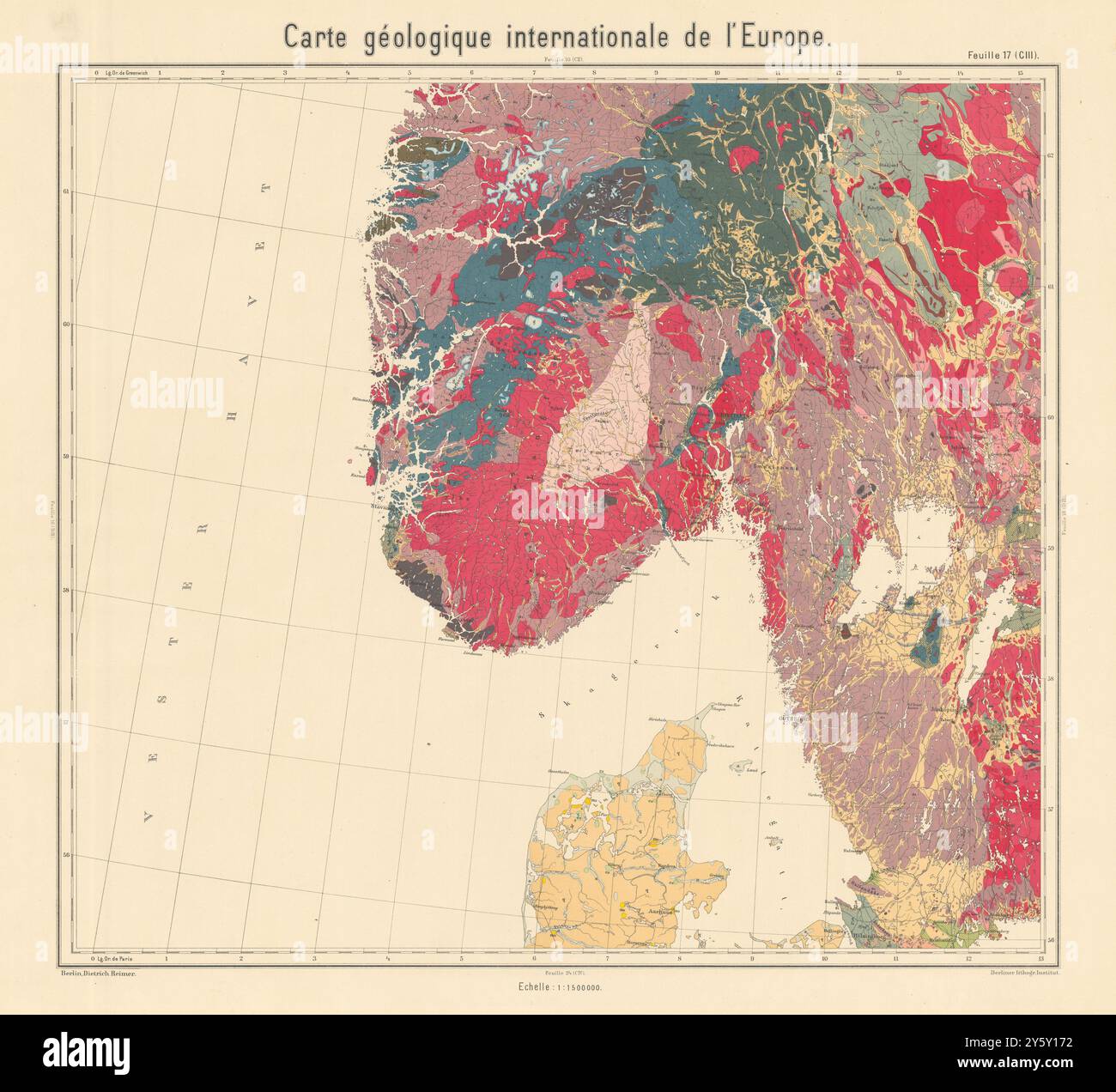 Mappa geologica Norvegia meridionale e Svezia, Danimarca settentrionale. BEYSCHLAG 1902 Foto Stock