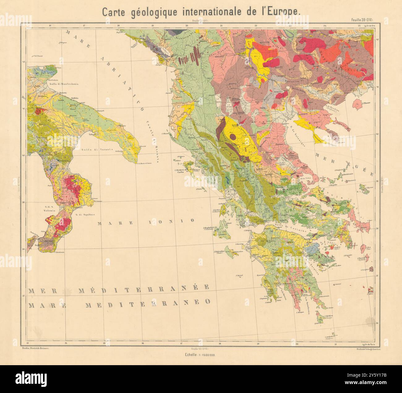 Mappa geologica Italia meridionale, Grecia, Albania, Macedonia del Nord. BEYSCHLAG 1898 Foto Stock