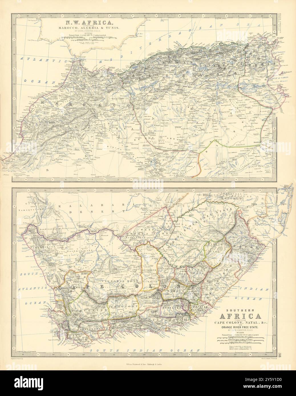 NW Africa Marocco Algeria Sudafrica Colonia del Capo 50x60cm JOHNSTON 1876 mappa Foto Stock