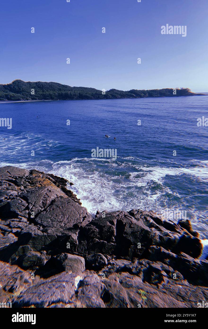 Una vista panoramica dell'oceano con scogliere rocciose in primo piano e una costa boscosa lontana sotto un cielo azzurro. Foto Stock