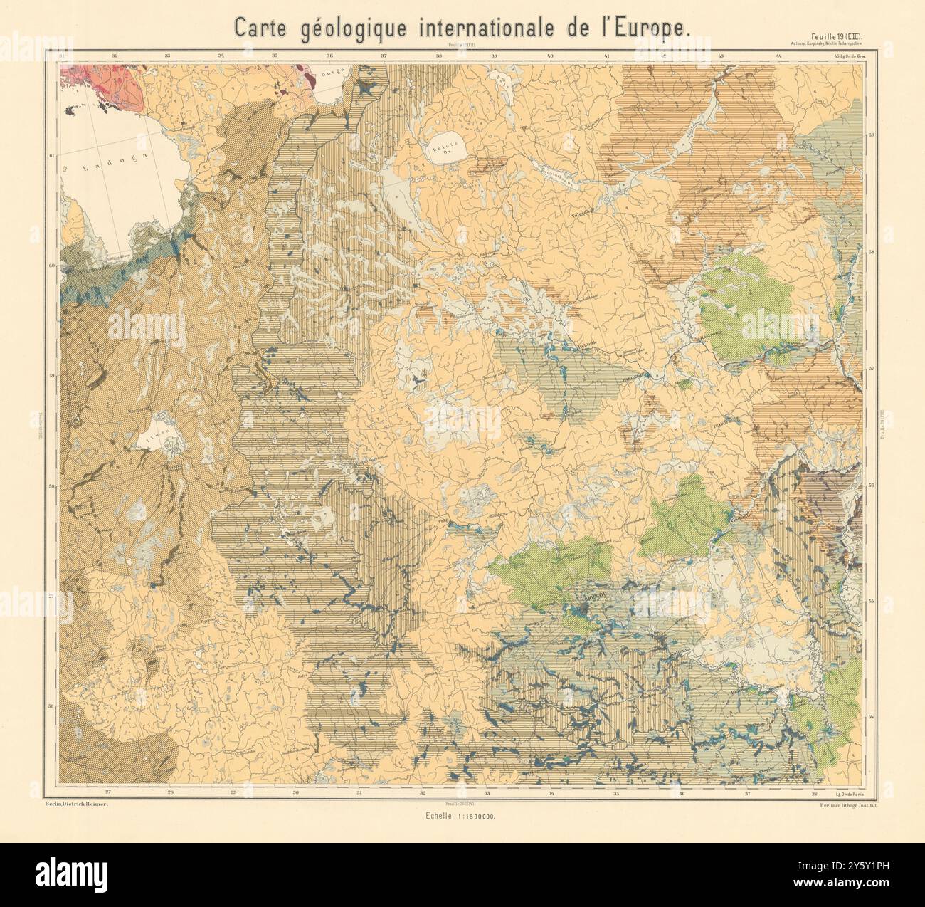 Mappa geologica Russia occidentale - San Pietroburgo e Mosca. BEYSCHLAG 1902 vecchio Foto Stock