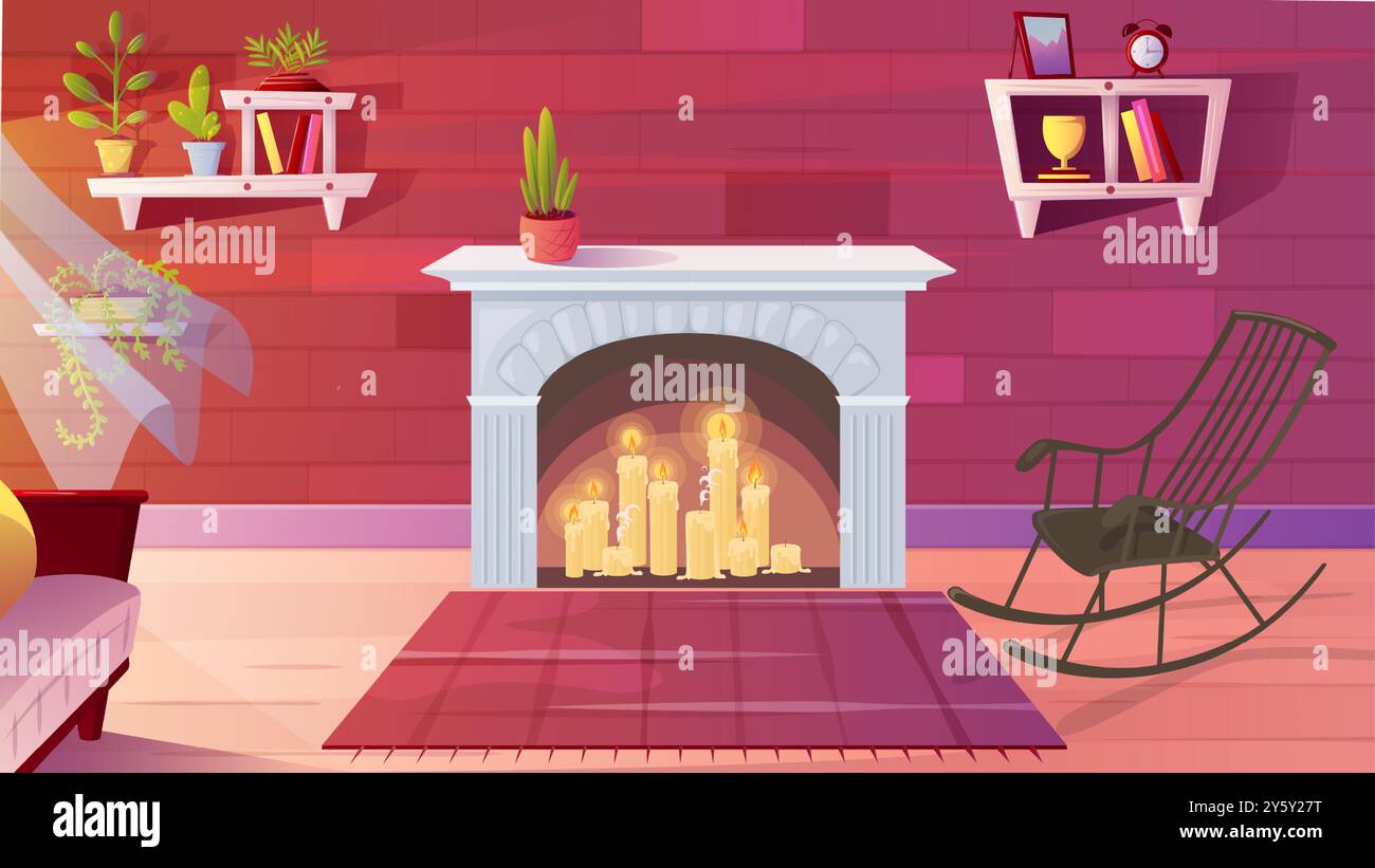 Accogliente e confortevole camera interna con candela e caminetto Illustrazione Vettoriale