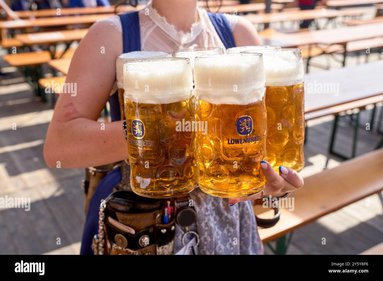 Monaco, Baviera, Germania - 23 settembre 2024: Tazze di birra Löwenbräu tenute da una cameriera all'Oktoberfest di Monaco *** Maßkrüge mit Löwenbräu-Bier, gehalten von einer Bedienung auf dem Oktoberfest di München Foto Stock