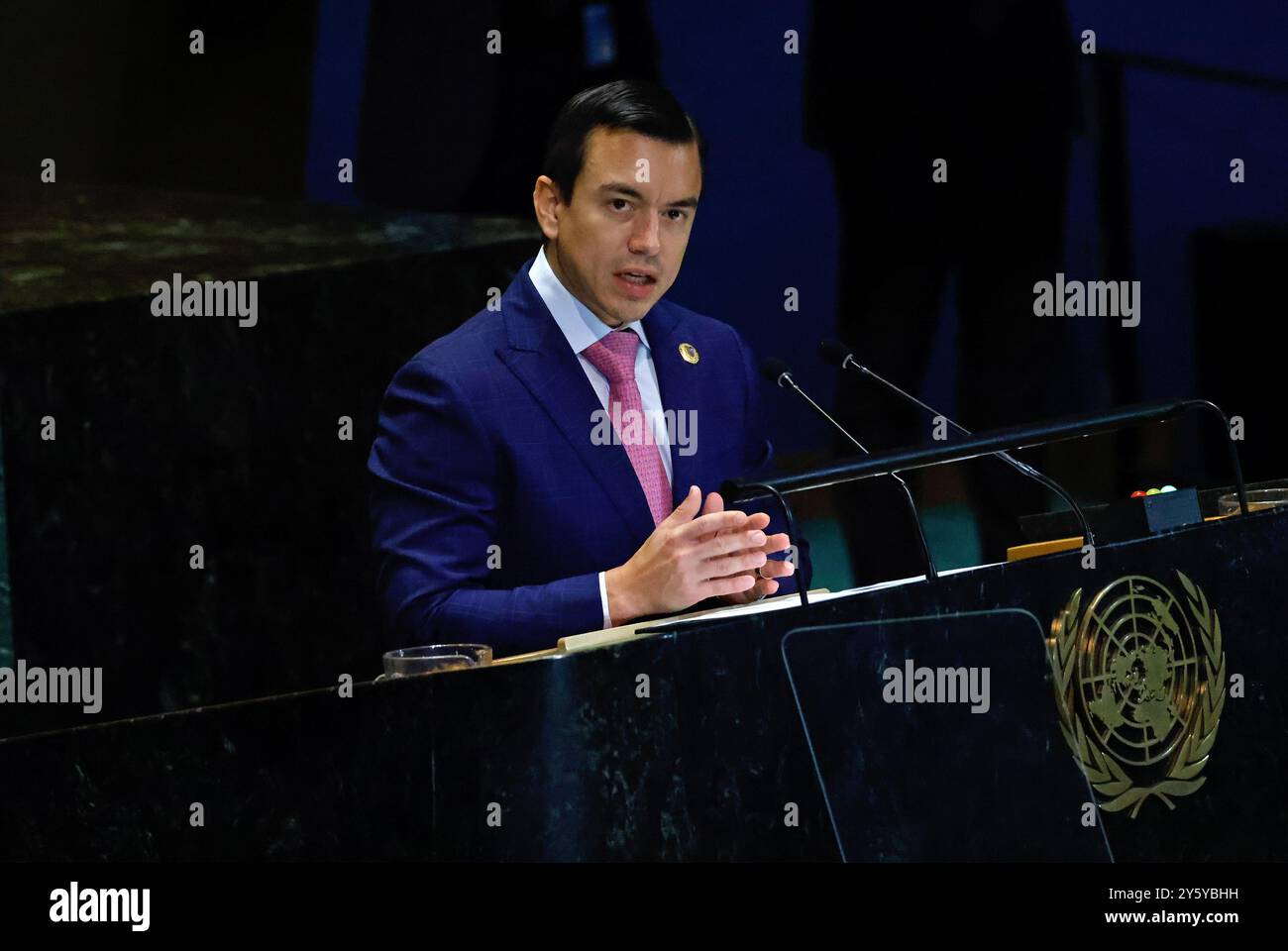 New York, Stati Uniti. 22 settembre 2024. Daniel Noboa Azin, Presidente costituzionale della Repubblica dell'Ecuador, interviene al "Vertice del futuro" durante la 79a sessione dell'Assemblea generale delle Nazioni Unite nella sala dell'Assemblea generale delle Nazioni Unite presso la sede delle Nazioni Unite lunedì 23 settembre 2024 a New York. Foto di Peter Foley/UPI credito: UPI/Alamy Live News Foto Stock