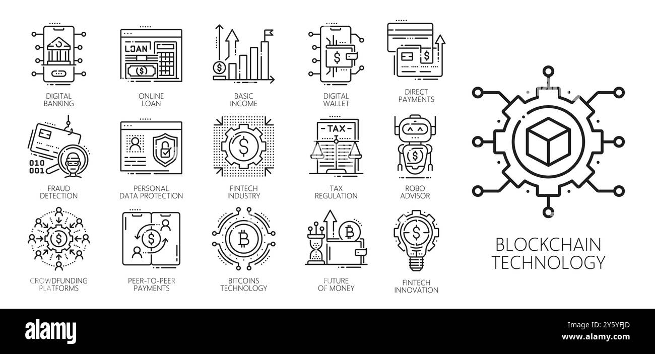 Icone della linea di tecnologia Fintech, blockchain, criptovaluta. I vettori digitali di business e finanza delineano i simboli di bitcoin, scambio di denaro digitale, portafoglio e banca, prestito virtuale e pagamento diretto Illustrazione Vettoriale