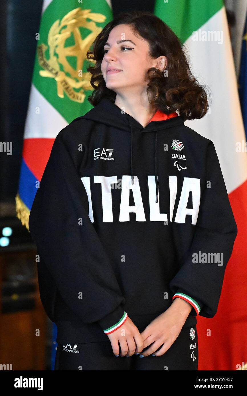 Roma, Italia. 23 settembre 2024. Ambra Sabatini durante la cerimonia di ritorno della bandiera degli atleti italiani di ritorno dai Giochi Olimpici e Paralimpici di Parigi 2024 al Quirinale il 23 settembre 2024 a Roma. Credito: Live Media Publishing Group/Alamy Live News Foto Stock