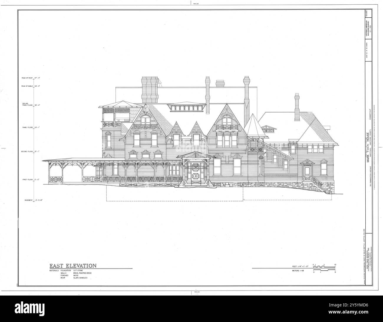 Elevazione est - Mark Twain House - disegno HABS - pianta casa - 531 Farmington Avenue, Hartford, Connecticut, USA Foto Stock