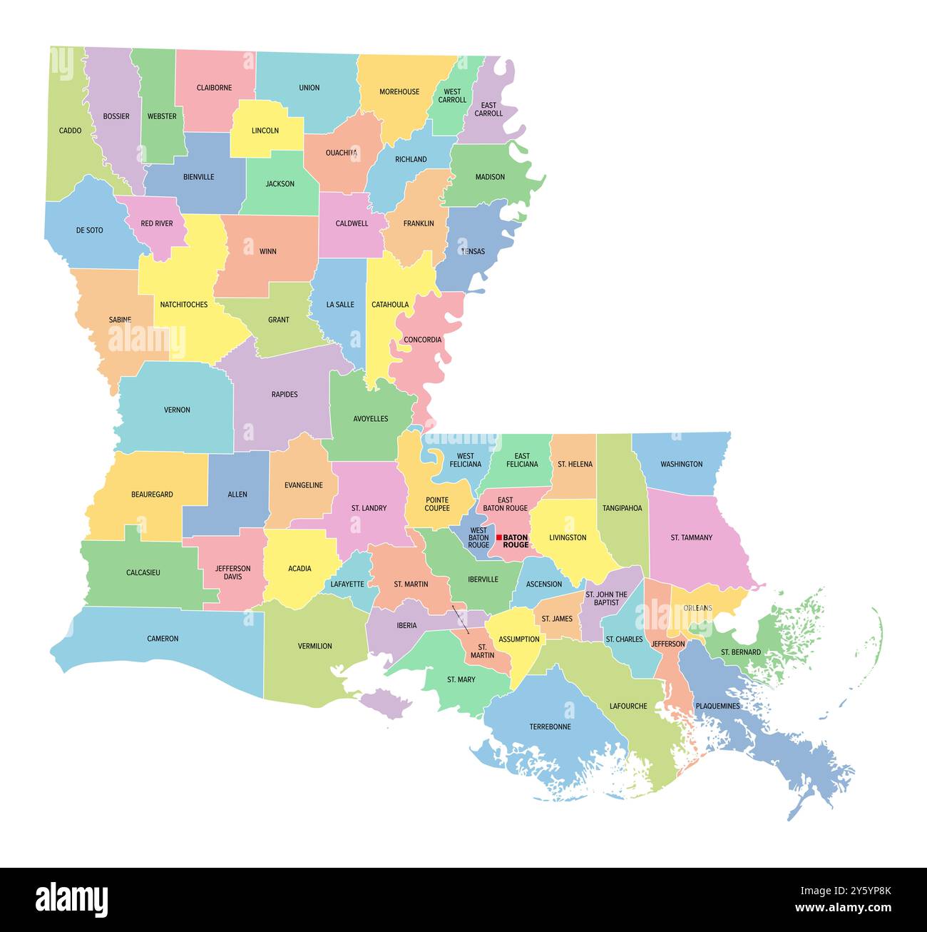 Louisiana, stato degli Stati Uniti, suddivisa in 64 parrocchie, mappa politica multicolore con la capitale Baton Rouge, confini e nomi di parrocchie. Foto Stock