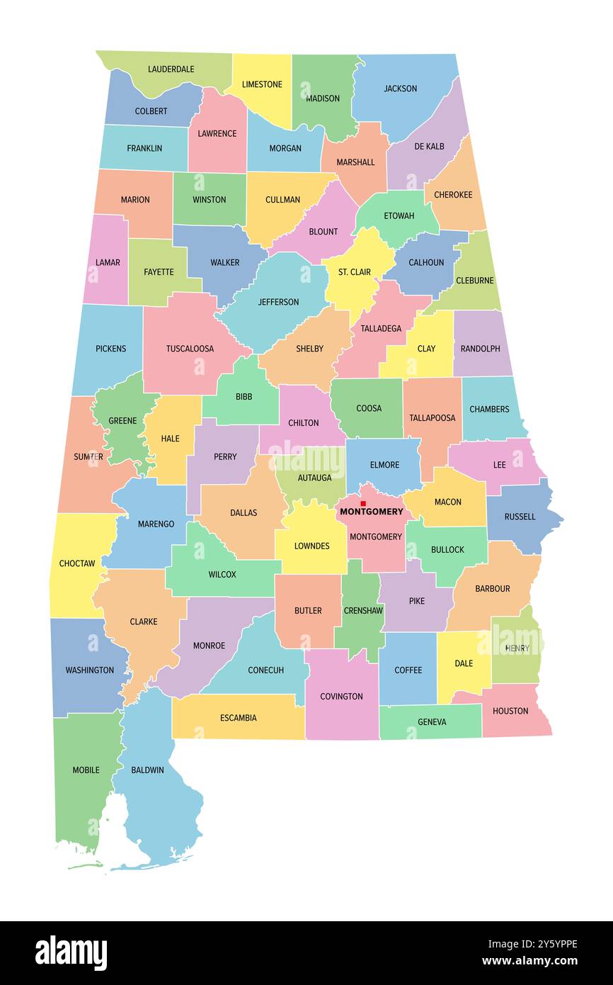 Alabama, stato degli Stati Uniti, suddiviso in 67 contee, mappa politica multicolore con la capitale Montgomery, confini e nomi di contea. Foto Stock