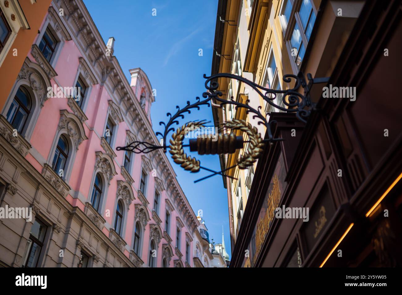 Segno della tradizionale pasticceria Trdelnik a Praga Foto Stock