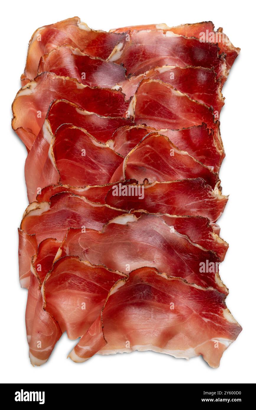 Spatola fette di prosciutto isolate su bianco con percorso di ritaglio incluso, vista dall'alto Foto Stock