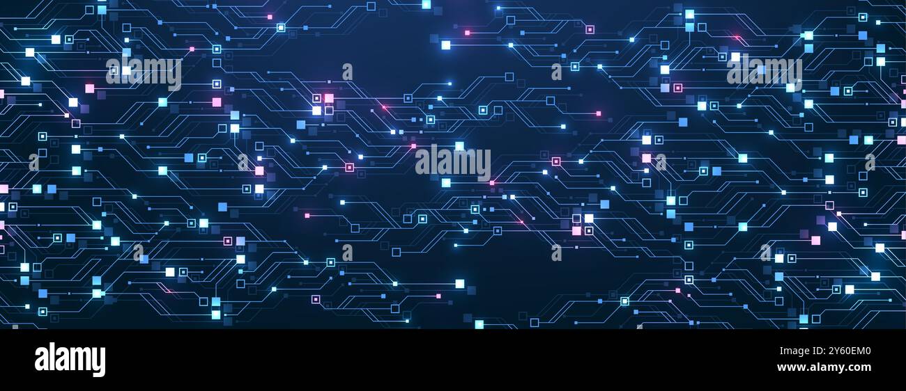 Tecnologia digitale sfondo astratto con struttura del circuito ai. Tecnologia connessa linee blu con elementi elettronici su tech BG Illustrazione Vettoriale