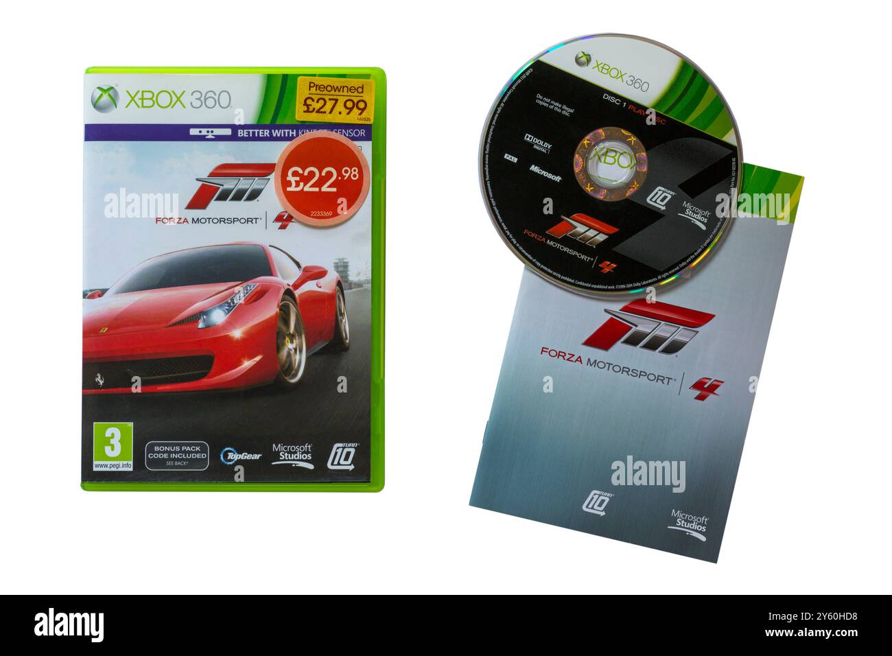 Gioco Xbox 360 - gioco forza Motorsport con disco e opuscolo di istruzioni rimosso dalla custodia isolata su sfondo bianco Foto Stock