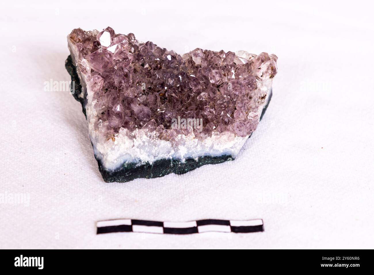 Cristalli di un geode di Ametista su sfondo bianco con una scala di 5 cm Foto Stock