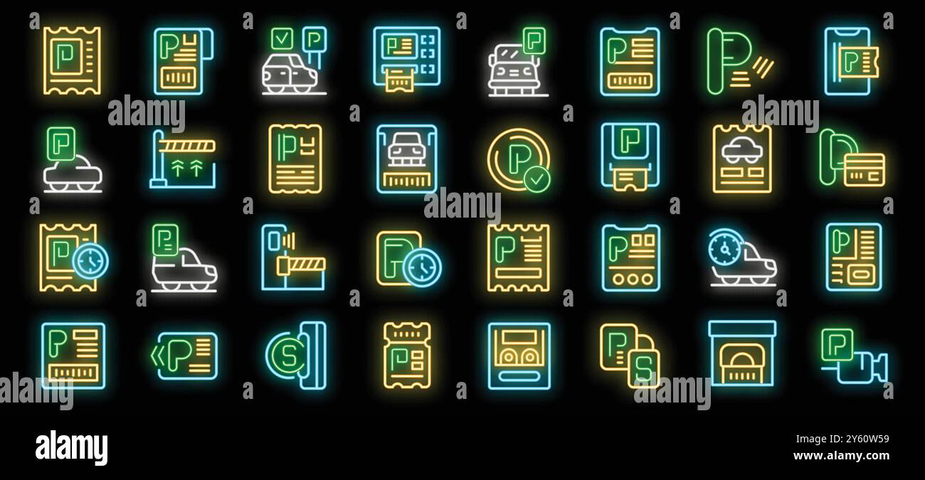 Le icone neon della zona di parcheggio a pagamento impostano il vettore. Orari di parcheggio e biglietti brillanti, garage e barriera, applicazione smartphone e pagamento per illustrazioni di posti auto Illustrazione Vettoriale