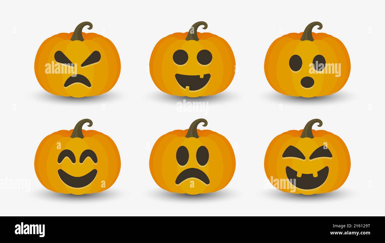 Zucche di Halloween con emozioni diverse. Set di icone vettoriali. EPS10 Illustrazione Vettoriale