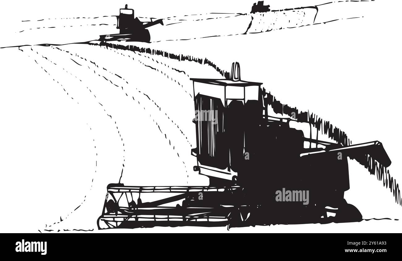 Elenco di veicoli agricoli, trattori, autocarri e macchine agricole. Le illustrazioni mostrano trattore, rasaerba, imballatrice, autocarro agricolo Illustrazione Vettoriale