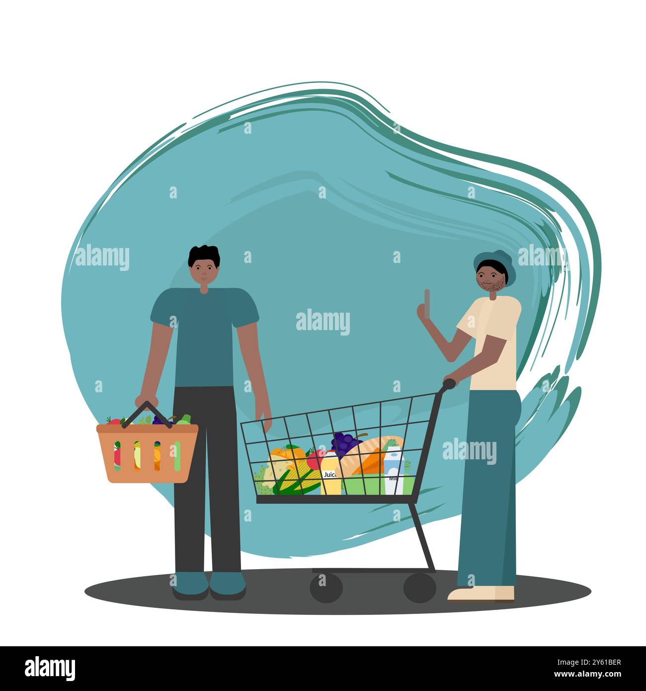 Una coppia gay nera che fa shopping. Appartamento vettoriale di due uomini afroamericani, uno che tiene il cestino della spesa e l'altro che spinge il carrello. Per progetti a tema lgbtq, retail Illustrazione Vettoriale