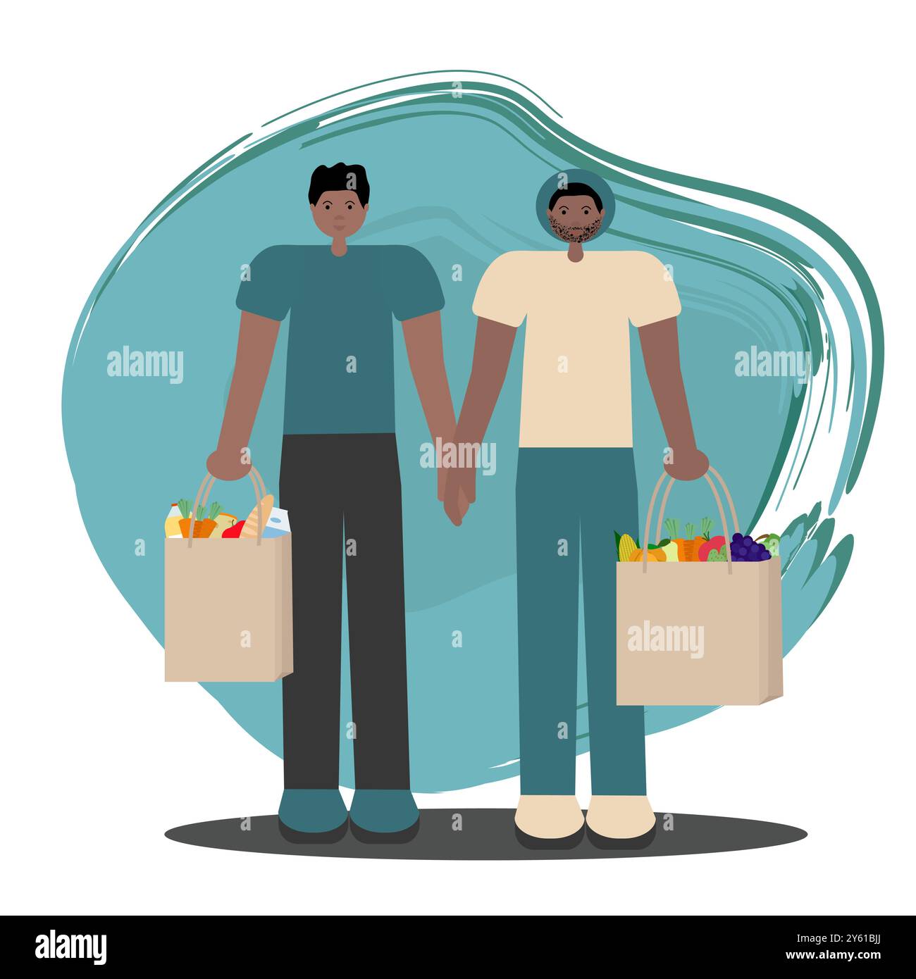 Una coppia gay nera che fa shopping. Illustrazione vettoriale piatta di due uomini afroamericani che tengono sacchetti di carta per la spesa. Per progetti a tema lgbtq, diversità Illustrazione Vettoriale