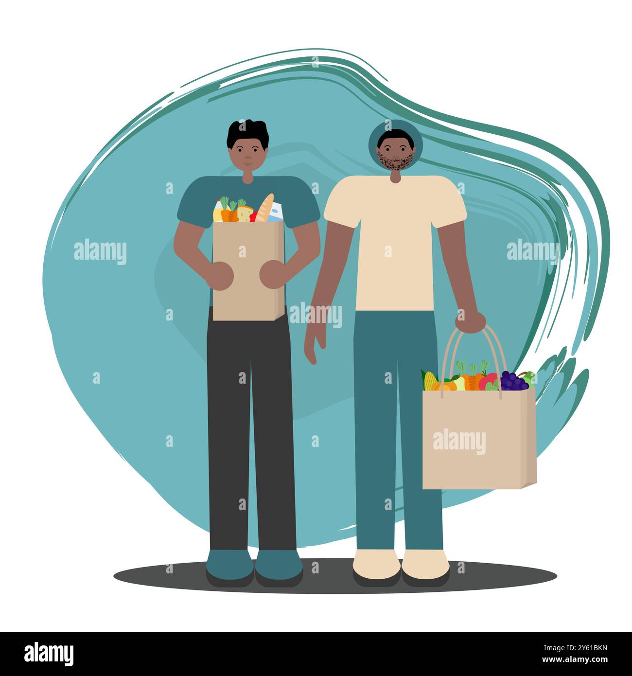 Coppia gay nera che fa acquisti di generi alimentari. Illustrazione vettoriale piatta di due uomini afroamericani che tengono sacchi di carta con il cibo. Per l'uso in lgbtq incluso Illustrazione Vettoriale