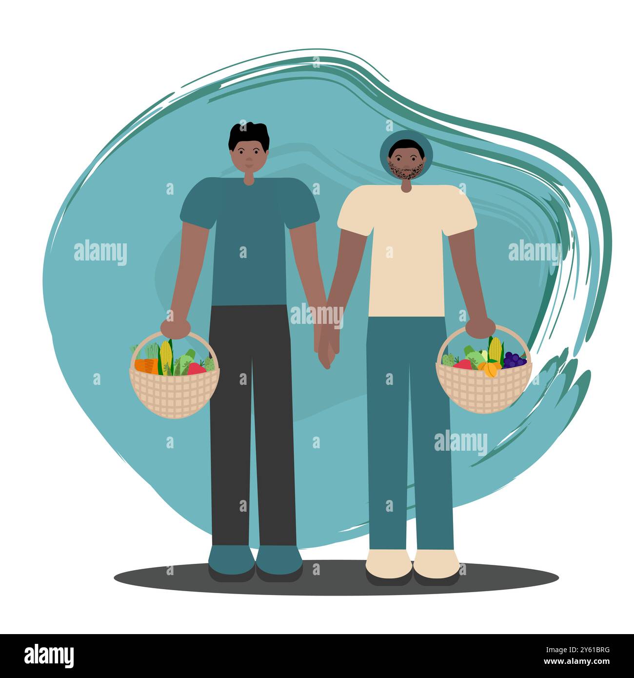 Una coppia gay nera che fa shopping. Immagine piatta vettoriale di due uomini afroamericani che tengono cesti intrecciati pieni di cibo. Per l'uso in lgbtq incluso Illustrazione Vettoriale