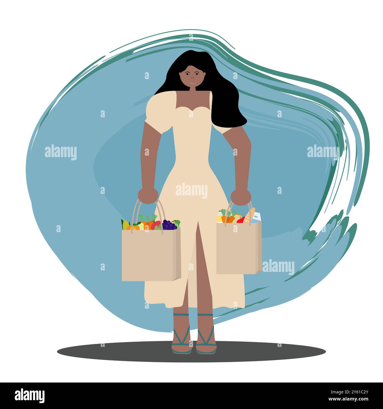 Donna nera che fa shopping. Immagine in stile piatto vettoriale raffigurante una donna afroamericana in un abito leggero che tiene in mano sacchi di carta pieni di generi alimentari Illustrazione Vettoriale