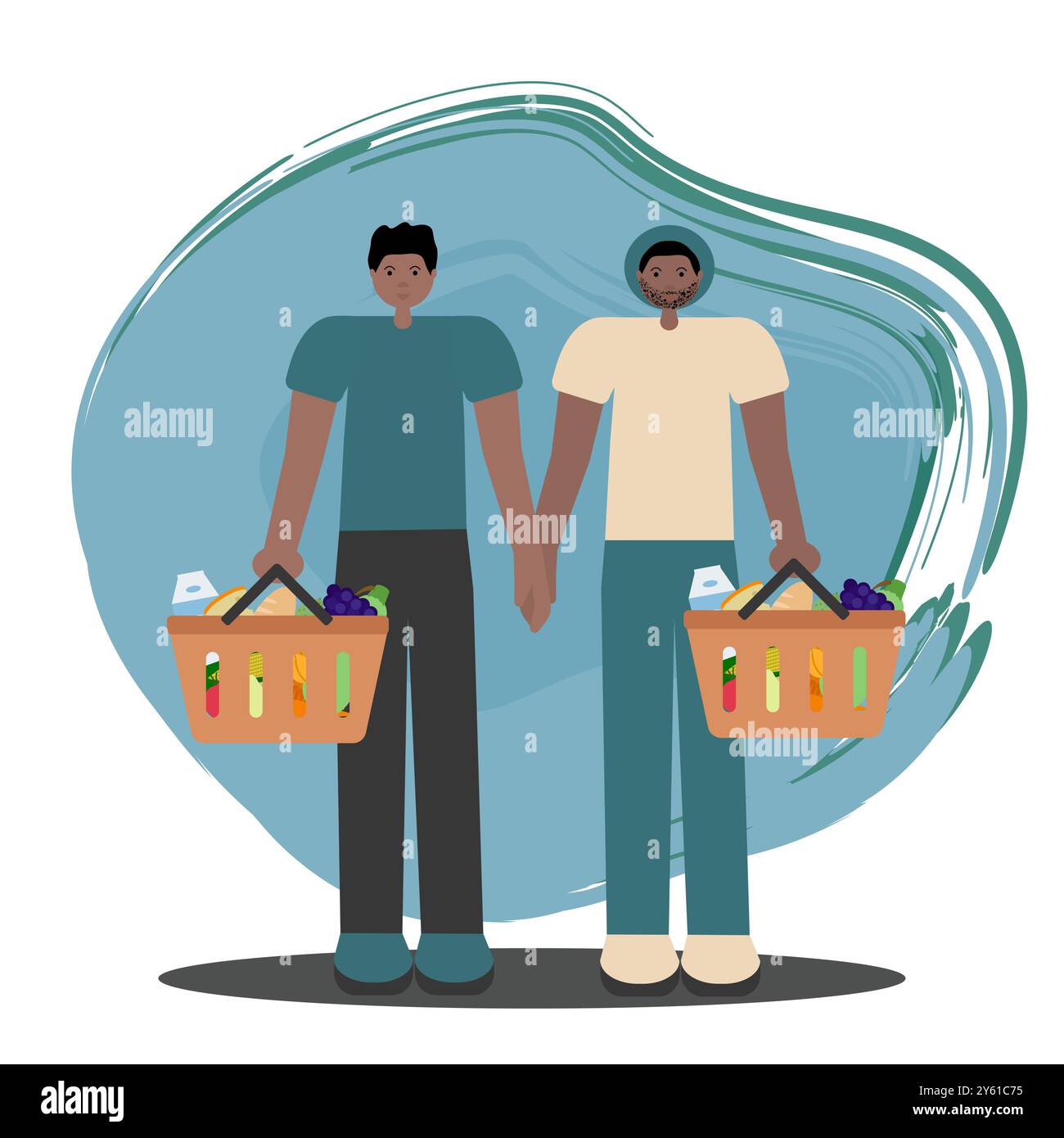 Una coppia gay nera che fa shopping. Immagine piatta vettoriale di due uomini afroamericani che tengono cesti arancioni pieni di cibo. Per l'uso in ambienti incentrati sulla diversità Illustrazione Vettoriale